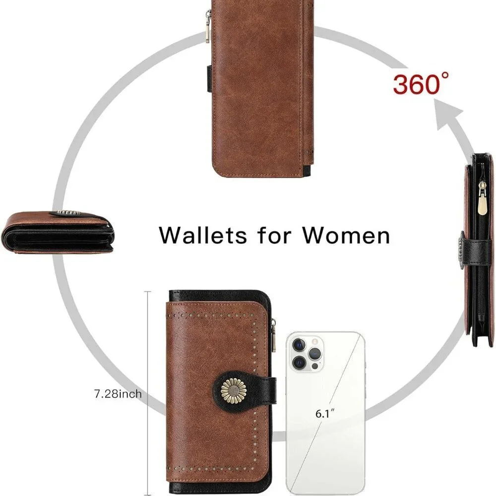 Women's Leather Wallet Trifold RFID Blocking Large Capacity Purse with Coin Pock